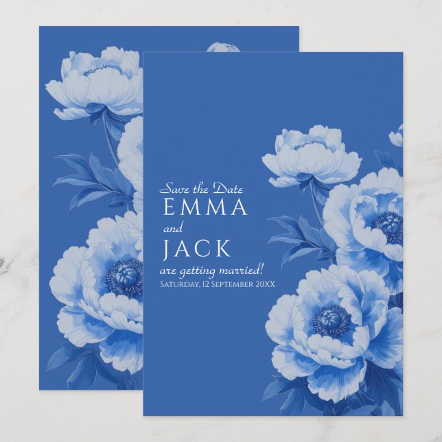 Convite de Noivado Floral Blue Peony Save the Date (Frente/Verso)
