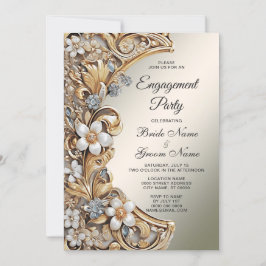 Convite de Noivado Floral Branco Dourado Decorativ