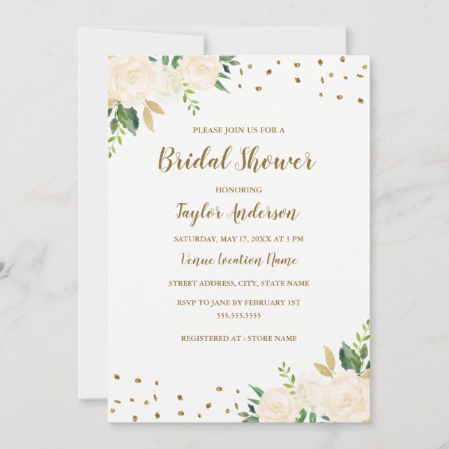 Convite de Noivado Floral com Confete Dourado (Frente)