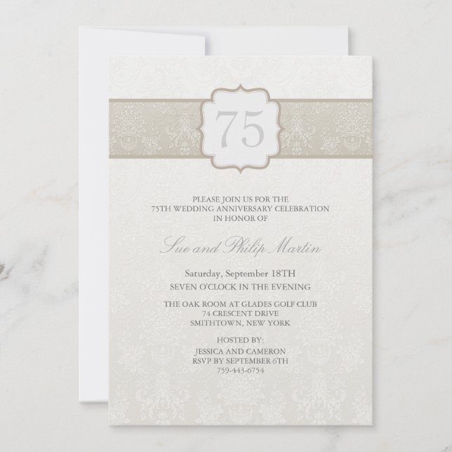 Convite de Noivado Floral Creme Damask (Frente)