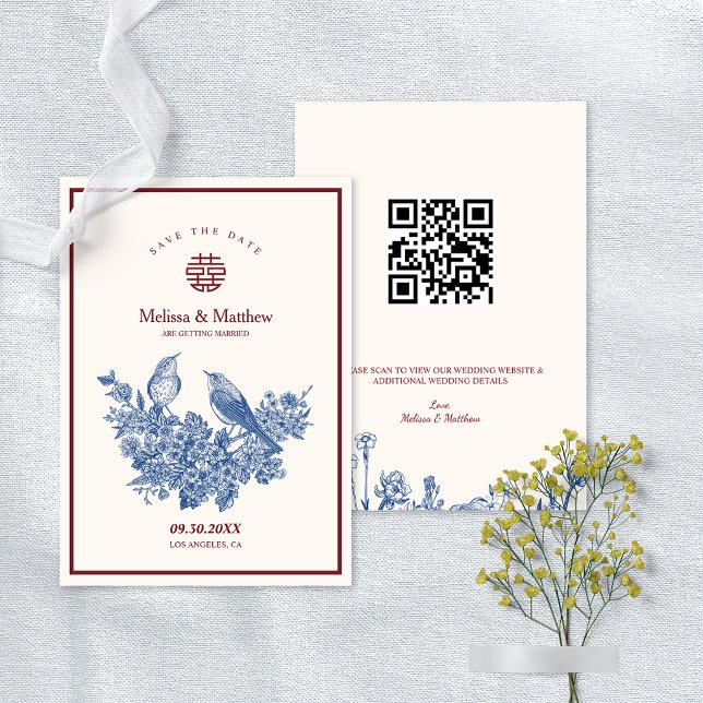 Convite de Noivado Floral de Pega Chinesa para Sal (Magpie Floral Chinese Wedding Save the Date Invitation)
