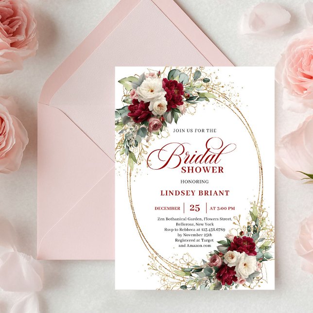 Convite de Noivado Floral Dourado Vermelho Refined (Refined Deep Red Floral Gold Bridal Shower Invite)