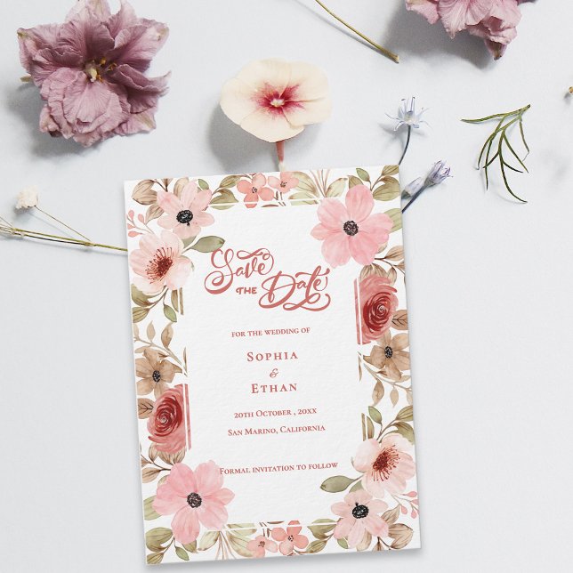 Convite de Noivado Floral Rosa Botânico para Casam (Blush Pink Floral Botanical Wedding Save the Date Invitation)