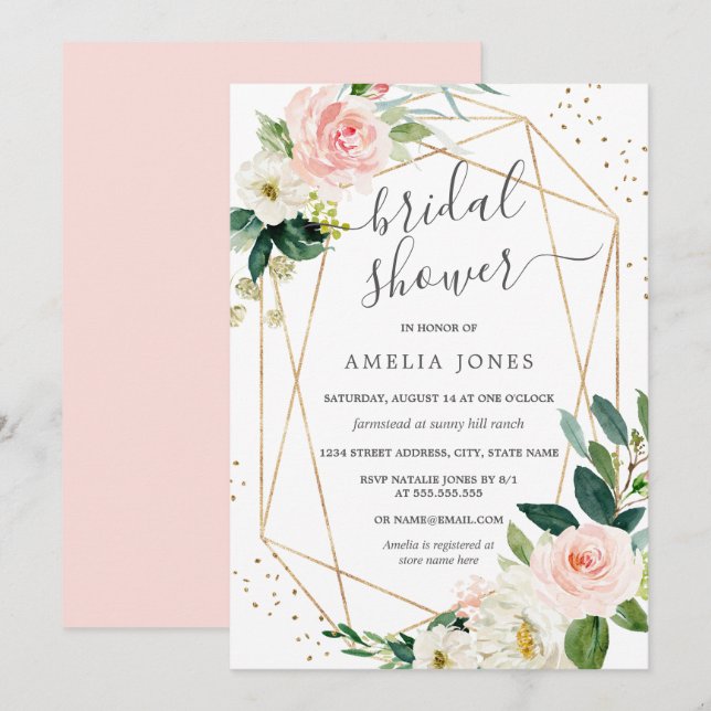 Convite de Noivado Floral Rosa com Brilho Dourado (Frente/Verso)