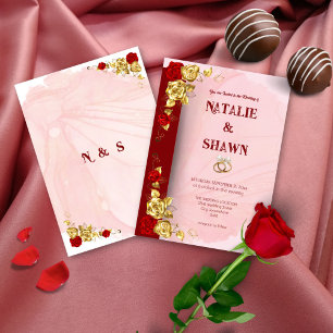 Convite de Noivado Floral Rosa Dourado Vermelho pa