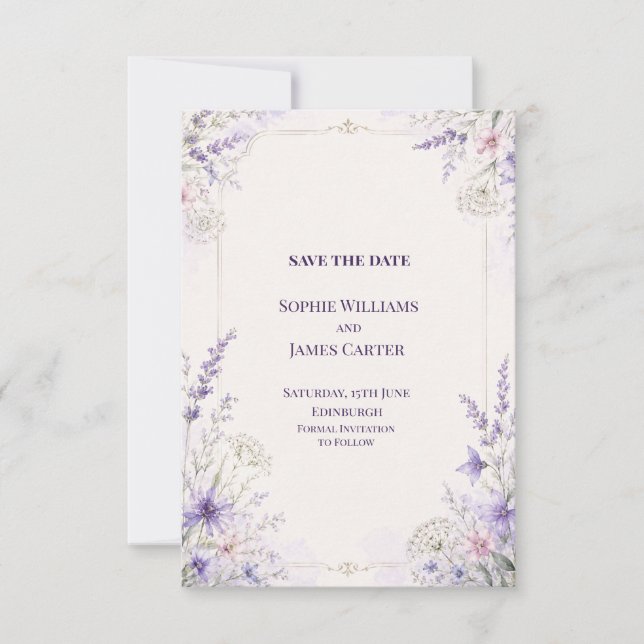 Convite de Noivado Floral Roxo ao Luar Salve a Dat (Frente)