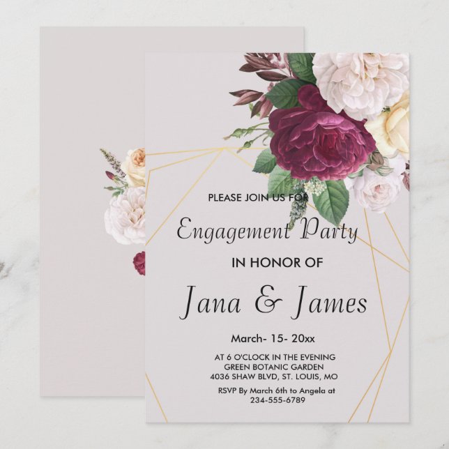 Convite de Noivado Geométrico Dourado Elegante (Frente/Verso)