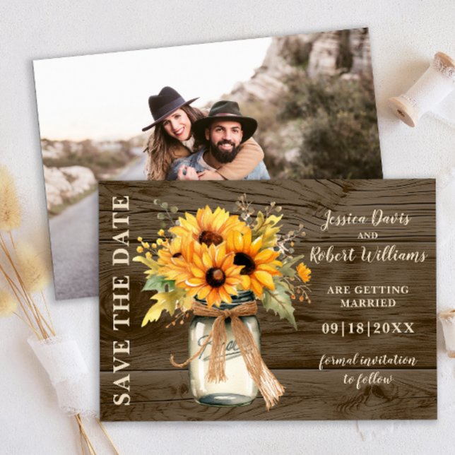 Convite de Noivado Jarra de Pedra com Girassóis Rú (Rustic Sunflowers String lights save the date )