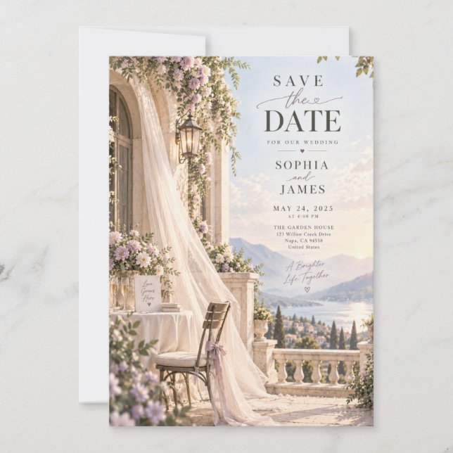 Convite de Noivado Lavender Lakeview Save the Date (Frente)
