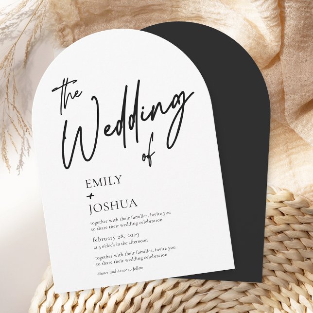 Convite de Noivado Moderno Preto e Branco Simples  (Front and back or arch wedding invitation shown in 5x7 inches. Choose paper and corner style.)