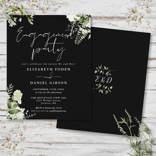 Convite de Noivado Preto Branco de Flores Orçament (Budget Floral Black White Engagement Party Invite)
