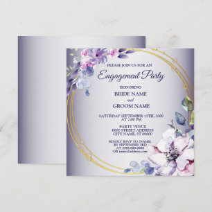 Convite de Noivado Rosa Floral Dourado Roxo Aquare