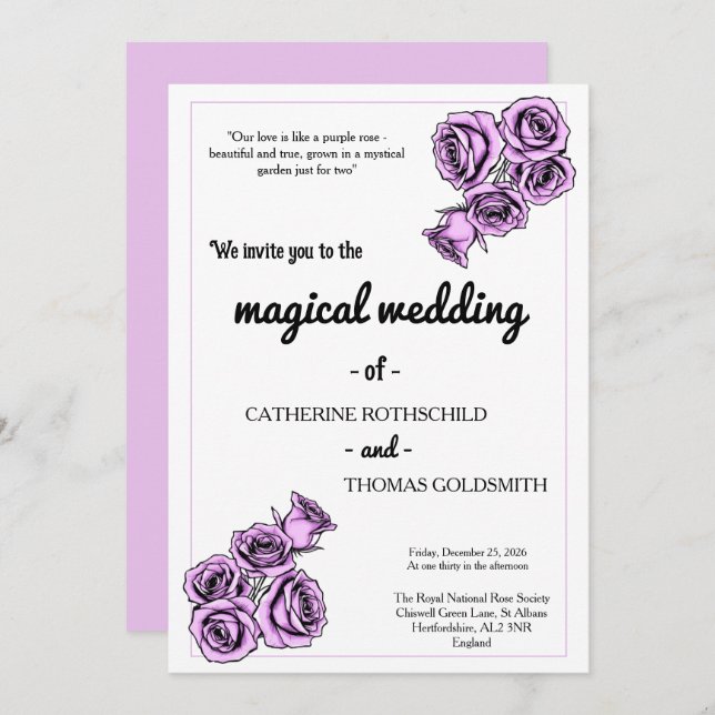 Convite de Noivado Rosa Roxa Mística (Frente/Verso)