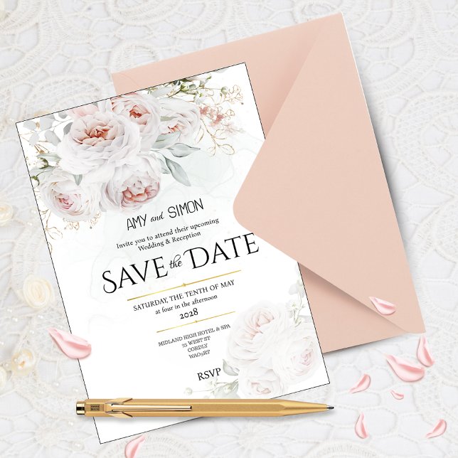 Convite de Noivado Save the Date com Rosas Pink Bl (Criador carregado)