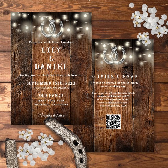 Convite de Noivado Tudo em Um Código QR de Ferradu (Western Horseshoes QR Code All In One Wedding Invitation)