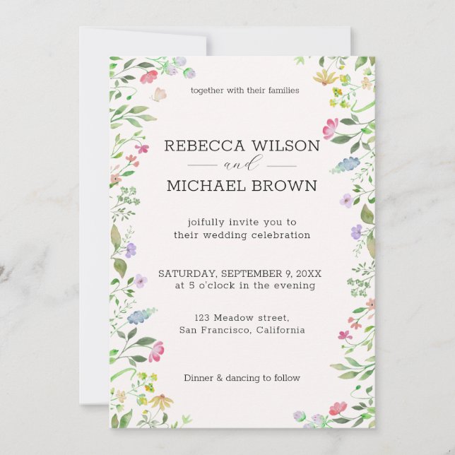 Convite de Nome de Casamento Floral de Prado em Aq (Frente)