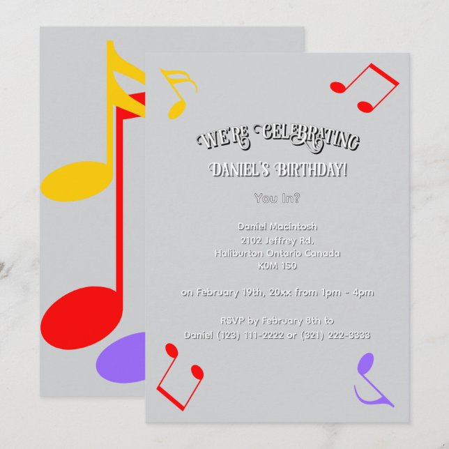 Convite de Notas Musicais de Aniversário (Frente/Verso)