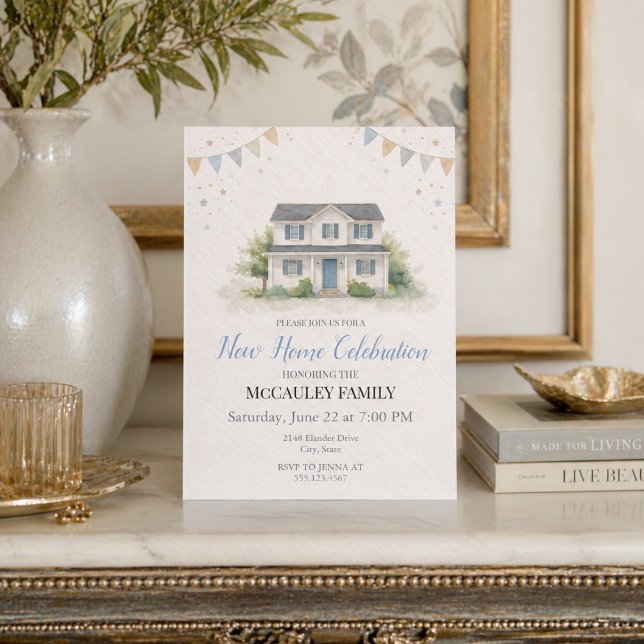 Convite de Novo Lar Azul Charme (Soft blue housewarming celebration with watercolor home and charming banner details)