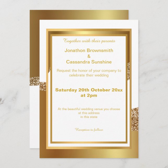 CONVITE DE ONDA DE GELO BRANCO DOURADO COM CAMADA  (Frente/Verso)