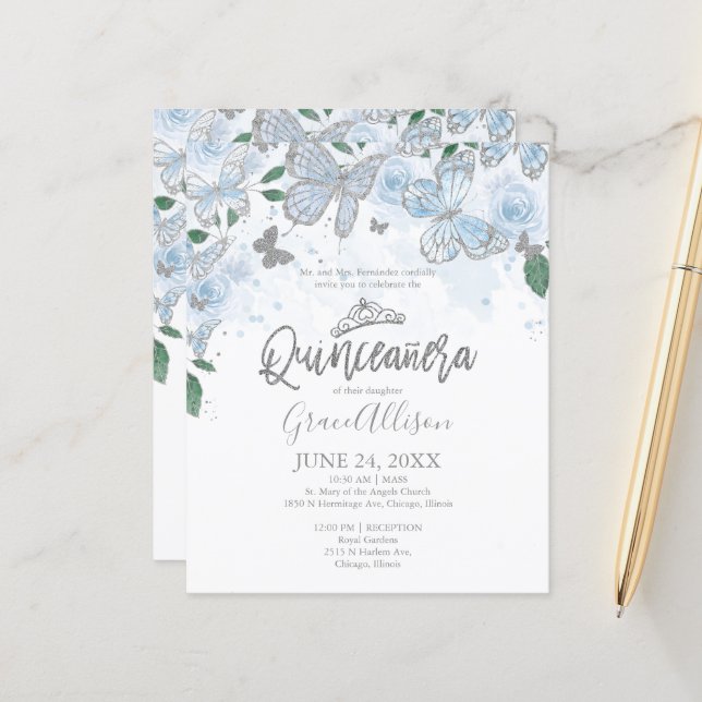 Convite de Orçamento Borboleta Quinceanera Inglês (Frente/Verso In Situ)