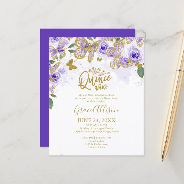 Convite de Orçamento Borboleta Quinceanera Inglês (Frente/Verso In Situ)