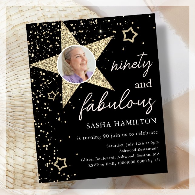 Convite de Orçamento de Aniversário para 90 Preto  (Criador carregado)