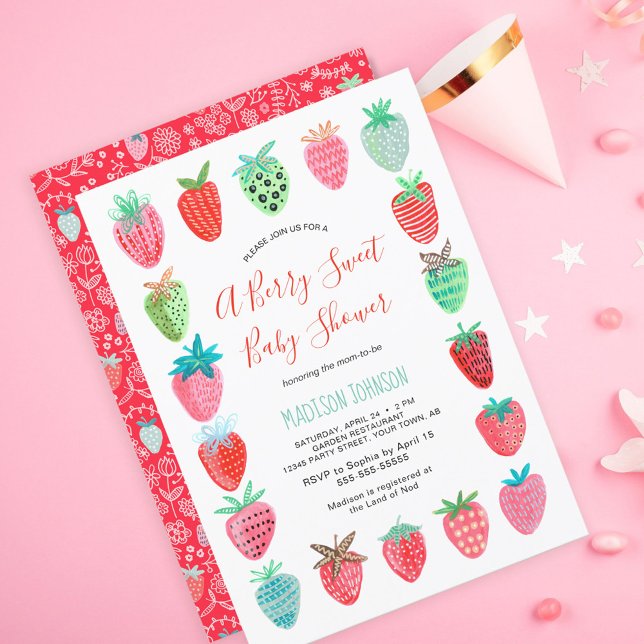Convite de orçamento de chá de bebê de Morango Ver (Cute Red Strawberry baby shower budget invitation)