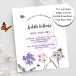 Convite de orçamento para flores violeta de borbol<br><div class="desc">Um fundo branco na frente. Decorados com abelhas e pintados de flores silvestres em violeta,  rosa e uma borboleta grande. Personalize e adicione um nome e detalhes da parte. Fundo: fundo violeta. 1 folha = 1 convite impresso de borda a borda.</div>