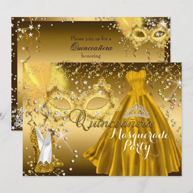 Convite de Ouro para Quinceanera de Mascarada com  (Frente/Verso)