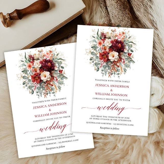 Convite de Outono com Floral Eucalipto Vermelho Es (Modern Deep Red Floral Eucalyptus Fall Invitation

)