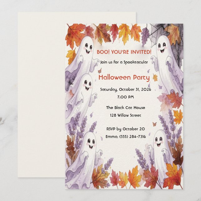 Convite de Outono de Halloween com Fantasminha Fof (Frente/Verso)