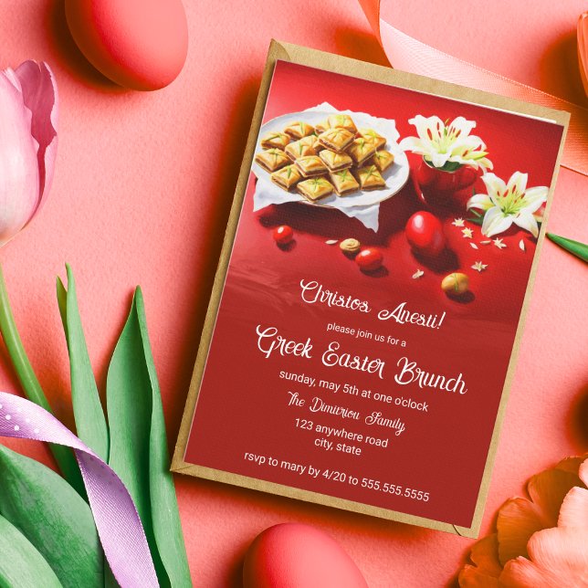 Convite de Páscoa Grego com Baklava, Ovos e Lírios (Embrace Greek Easter's Spirit: Baklava, Lilies, & Red Eggs Invitation!)