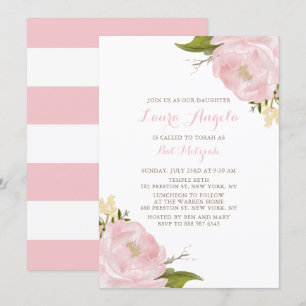 Convite De Peônias De Cor D'Água Rosa Bat Mitzva