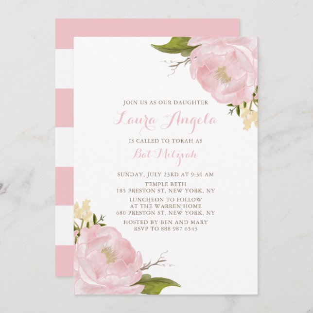Convite De Peônias De Cor D'Água Rosa Bat Mitzvah (Frente/Verso)