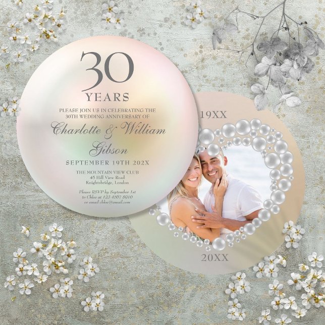 Convite de Pérola Circular para Foto de 30º Aniver (30th Anniversary Photo Circular Pearl Invitation)