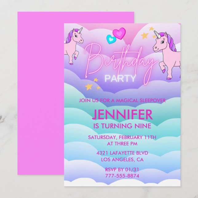 Convite de Pijama de Unicórnio para 9º Aniversário (Frente/Verso)