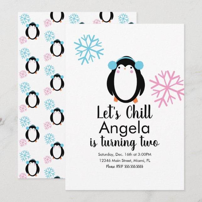 Convite de Pinguim Fofo Rosa Flocos de Neve Invern (Frente/Verso)