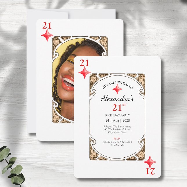 Convite de Placa de Reprodução de aniversário de 2 (21st birthday party invitations in an art deco playing card style on a grey wood background.)