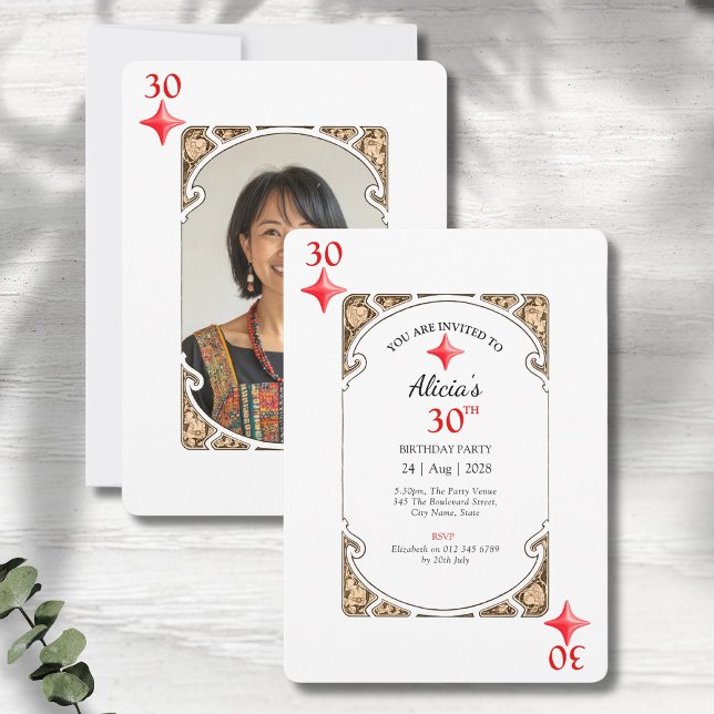 Convite de Placa de Reprodução de aniversário de 3 (30th birthday party invitations in an art deco playing card style on a grey wood background.)
