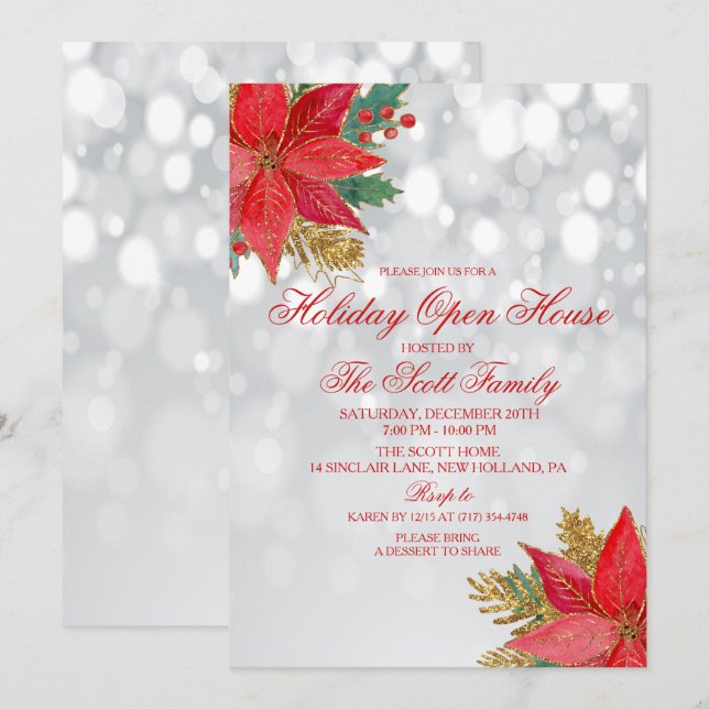 Convite de Poinsettia para Casa Aberta de Natal (Frente/Verso)