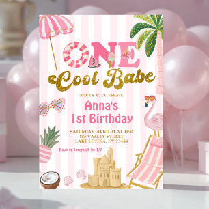 Convite de praia para uma bebê legal Pink Stripe O