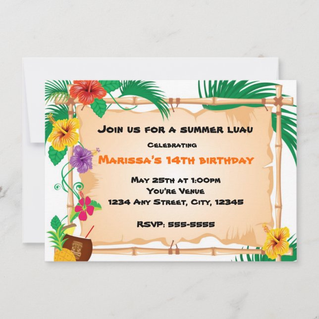 Convite de Praia Tiki Tropical de Verão de Bambu (Frente)