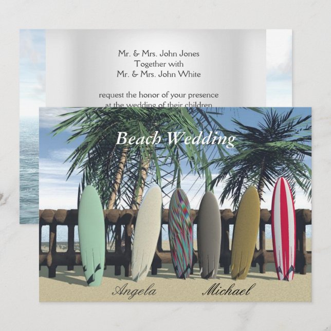 Convite de Pranchas de Surf para Casamento na Prai (Frente/Verso)