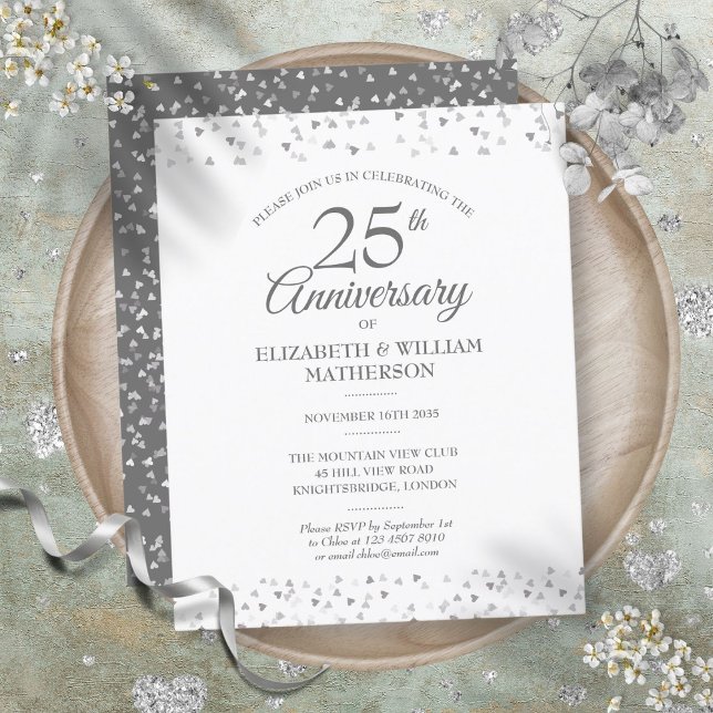 Convite de prata comemorativo de 25 anos (Budget 25th Anniversary Silver Hearts Invitation)