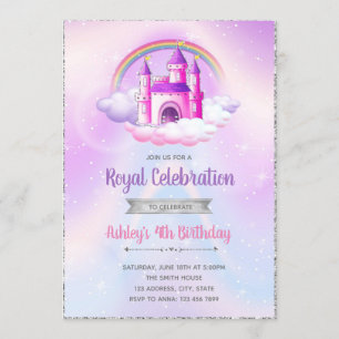 Convite de prata roxo do aniversário do castelo do