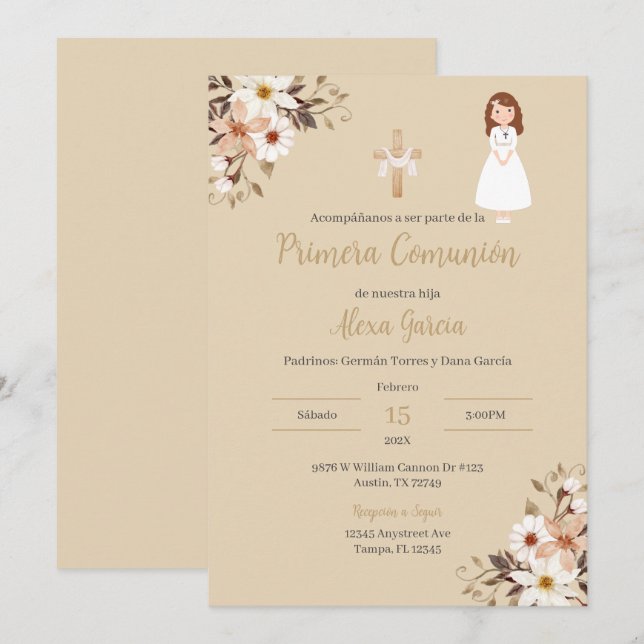 Convite de Primeira Comunhão floral bege (Frente/Verso)