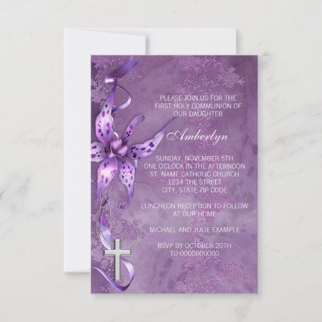 Convite de Primeira Comunhão Lavanda Roxo Elegante (Frente)