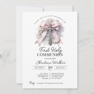 Convite de Primeira Comunhão Menina com Laço Rosa