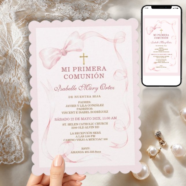 Convite de Primeira Comunhão Menina com Laço Rosa (Criador carregado)