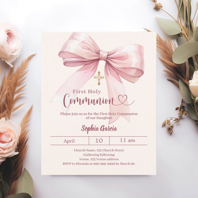 Convite de Primeira Comunhão menina rosa laço crem (Criador carregado)